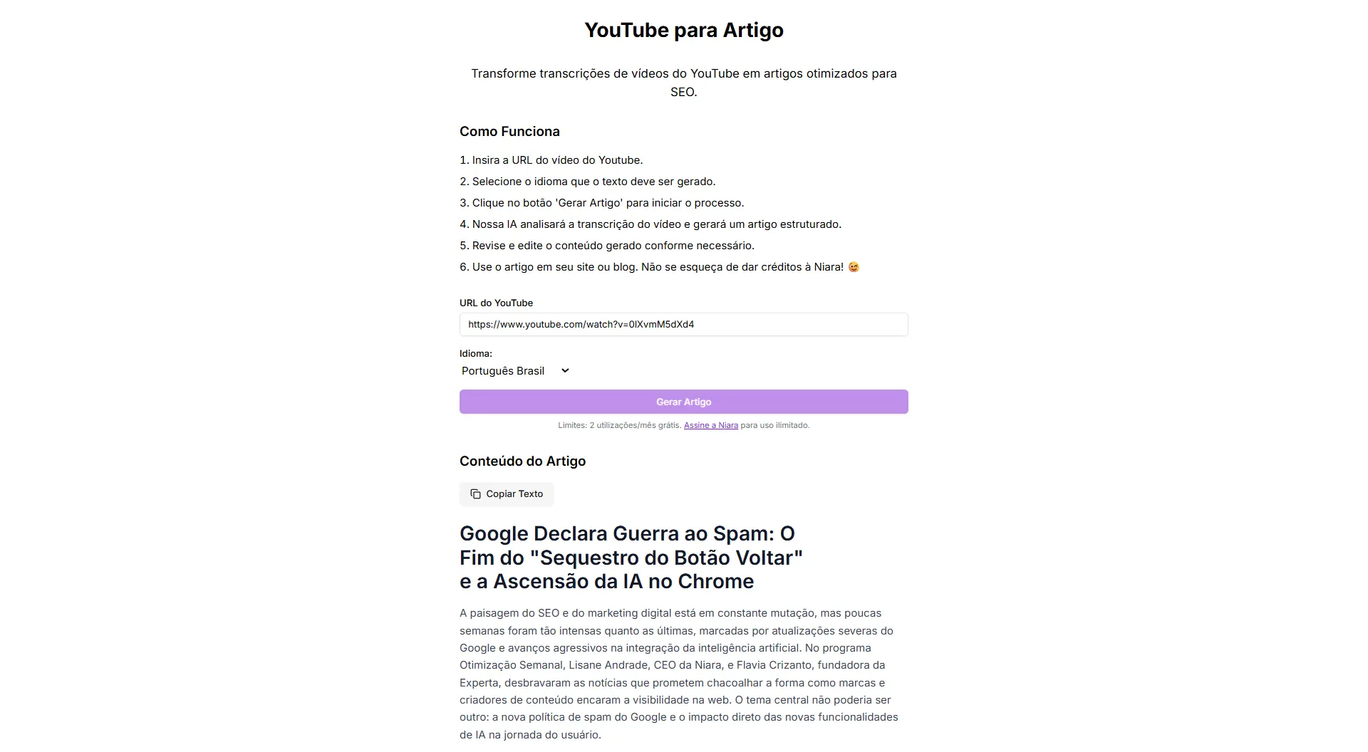 Exemplo de texto gerado pela ferramenta Youtube para Artigo da Niara.
