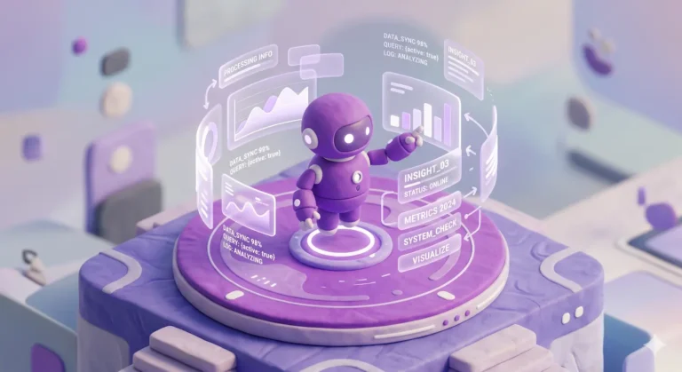 3D isometric claymation-style illustration of a minimalist purple robot floating over a platform, organizing data holograms and text blocks. Visual representation of AI agentic for SEO and autonomous workflow automation.