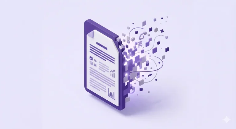 Ilustração 3D isométrica de um ícone de documento dividido ao meio, exibindo um lado sólido para fatos e um lado pixelado se dissolvendo para representar alucinação de IA