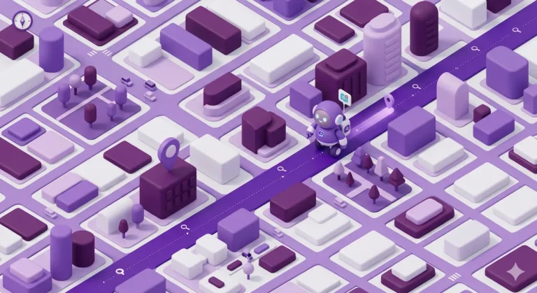 3D isometric map in purple and white with a friendly robot walking on a street, representing AI-driven local search.
