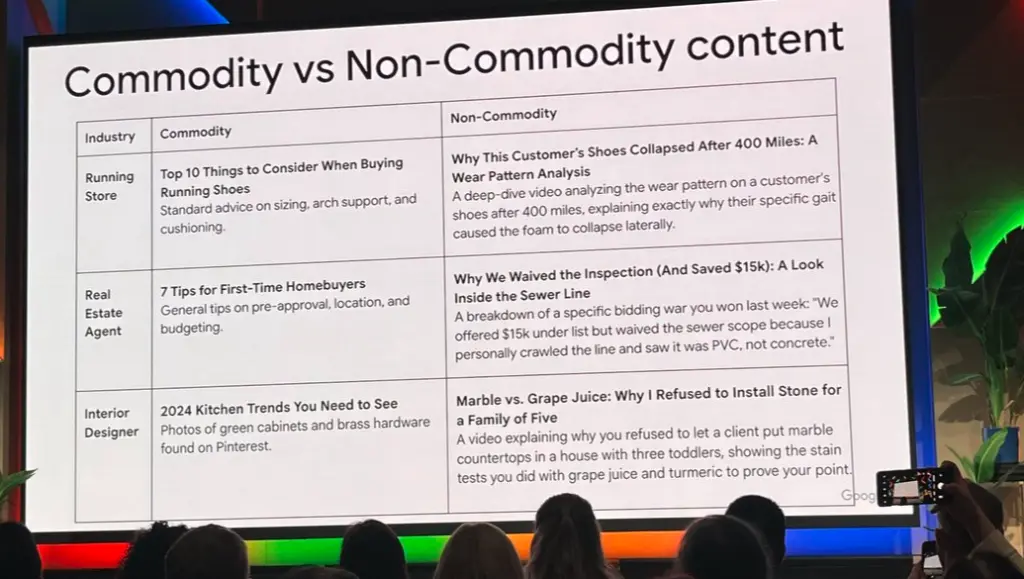 Examples of commodity and non-commodity content provided by Google