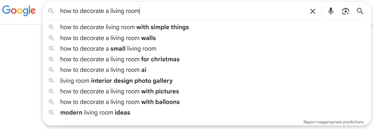 screenshot showing related searches for the term 'how to decorate a living room'