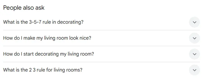 screenshot showing people also ask with questions related to living room decoration