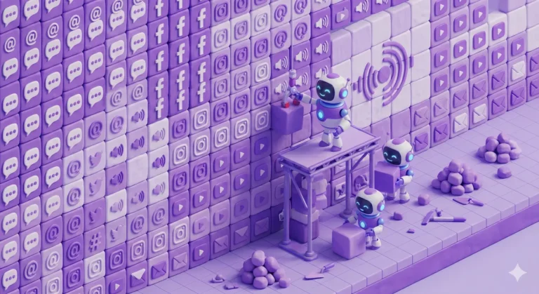 Robô construindo parede com blocos de símbolos de conteúdo, representando content scaling. Estilo 3D isométrico e monocromático roxo, representando estratégia de escalabilidade de conteúdo
