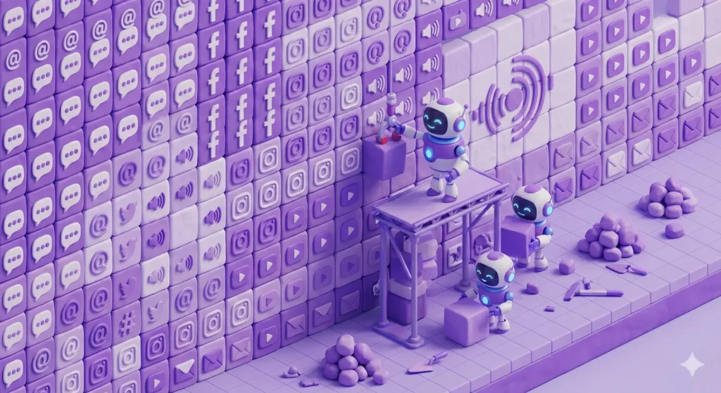 Isometric 3D robot building a large wall with purple and white blocks containing content symbols, representing content scaling in a monochromatic purple setting.