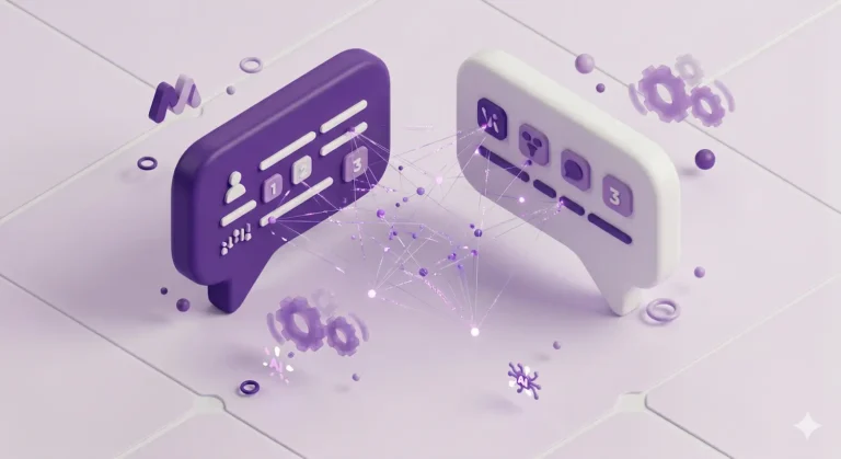Ilustração 3D isométrica de dois balões de fala conectados por partículas de dados, representando o conceito de SEO conversacional e a troca de informações entre humanos e IA.