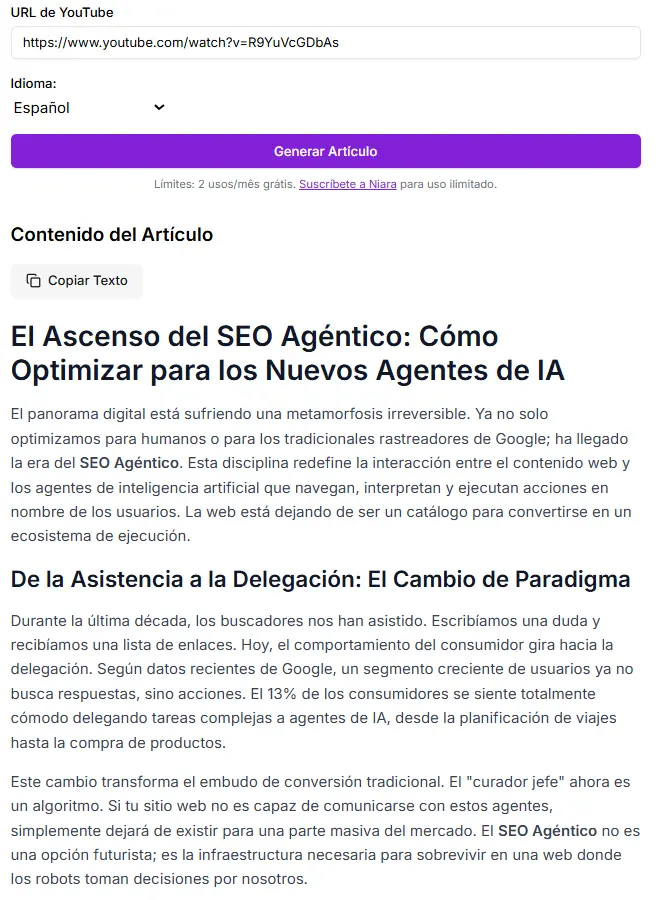 Ejemplo de texto periodístico basado en un vídeo creado por la IA de Niara.
