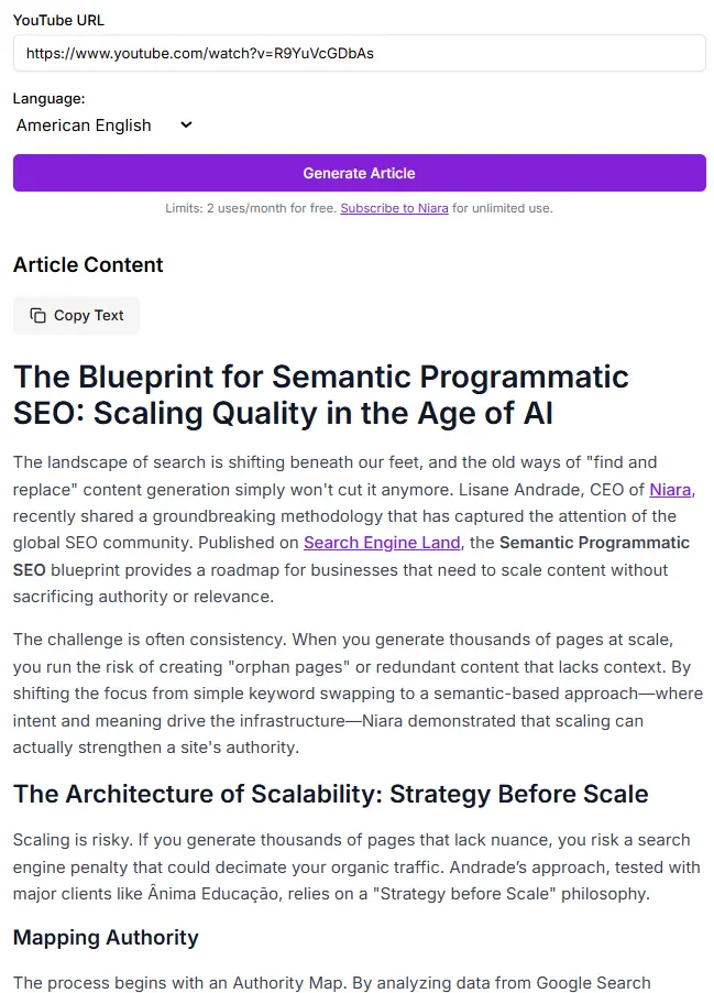 Example of journalistic text based on video created by Niara's AI