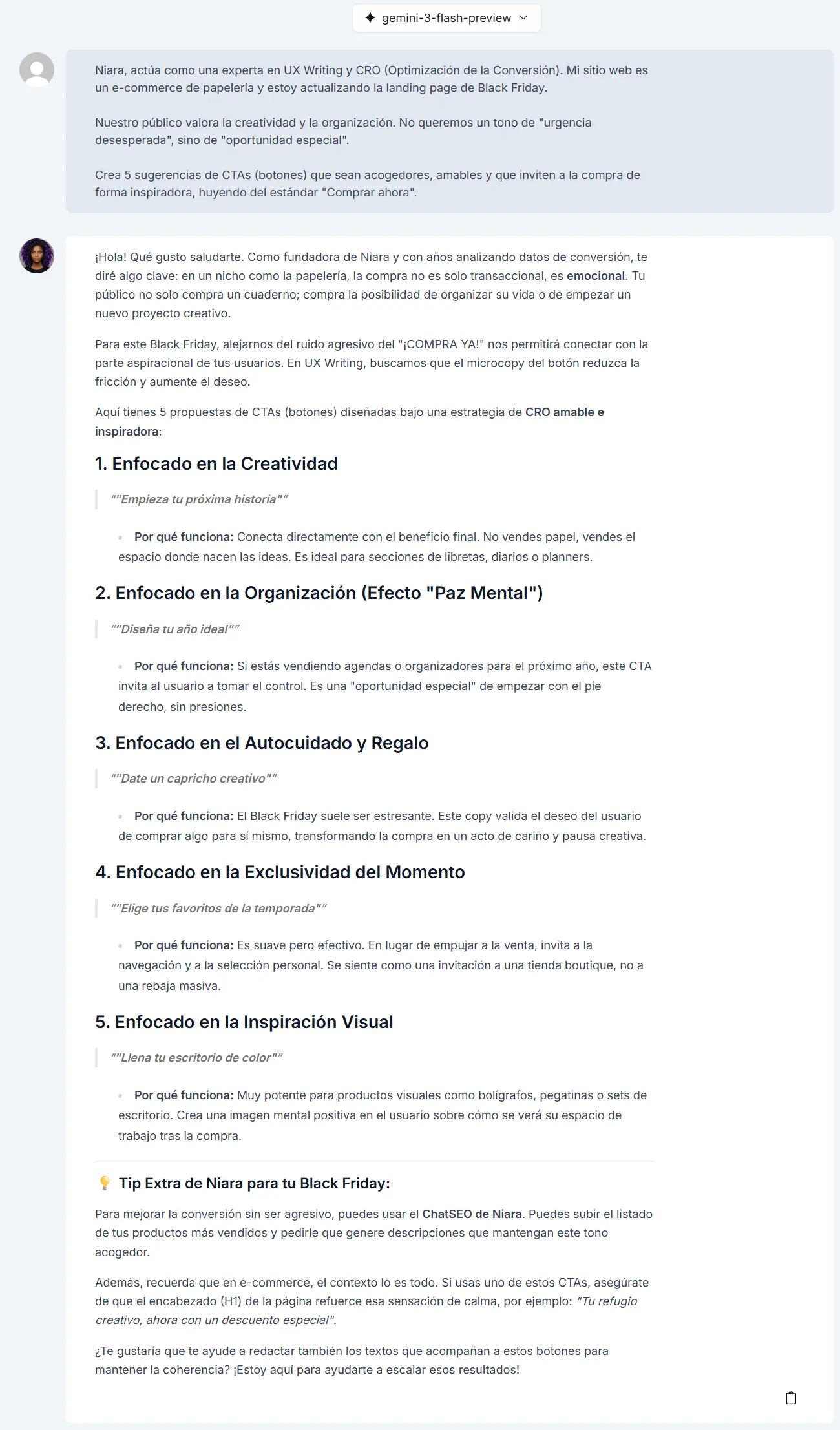 Ejemplos de CTAs generadas por Niara en ChatSEO