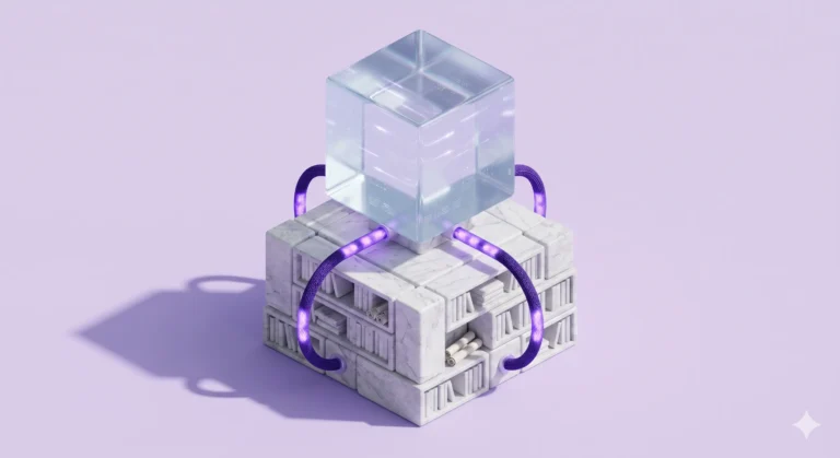Ilustração abstrata em 3D simbolizando grounding indexing, com um cubo translúcido conectado por cabos luminosos a um bloco semelhante a mármore preenchido com pergaminhos e livros, representando dados estruturados e transferência de conhecimento.