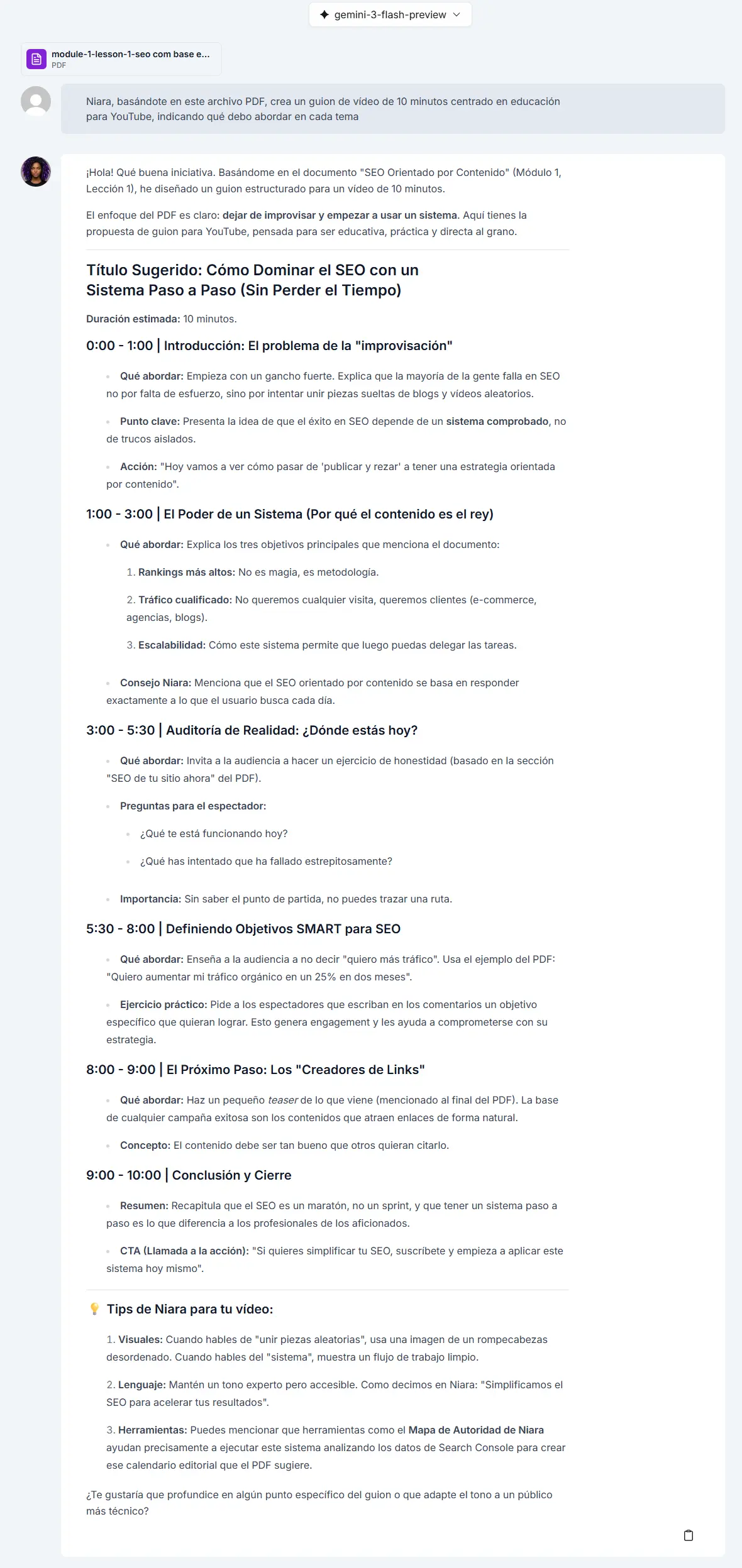 Ejemplo de guion creado a partir de PDF en el ChatSEO de Niara