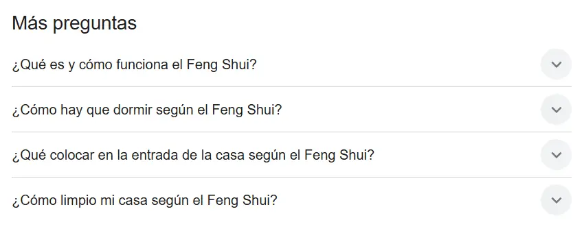 captura de pantalla mostrando people also ask con preguntas relacionadas con feng shui