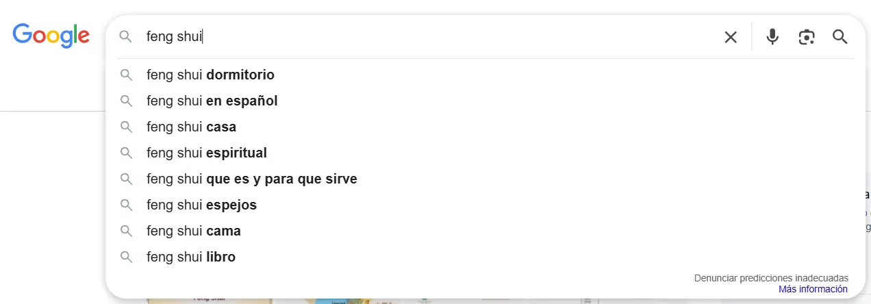 captura de pantalla mostrando búsquedas relacionadas con el término feng shui