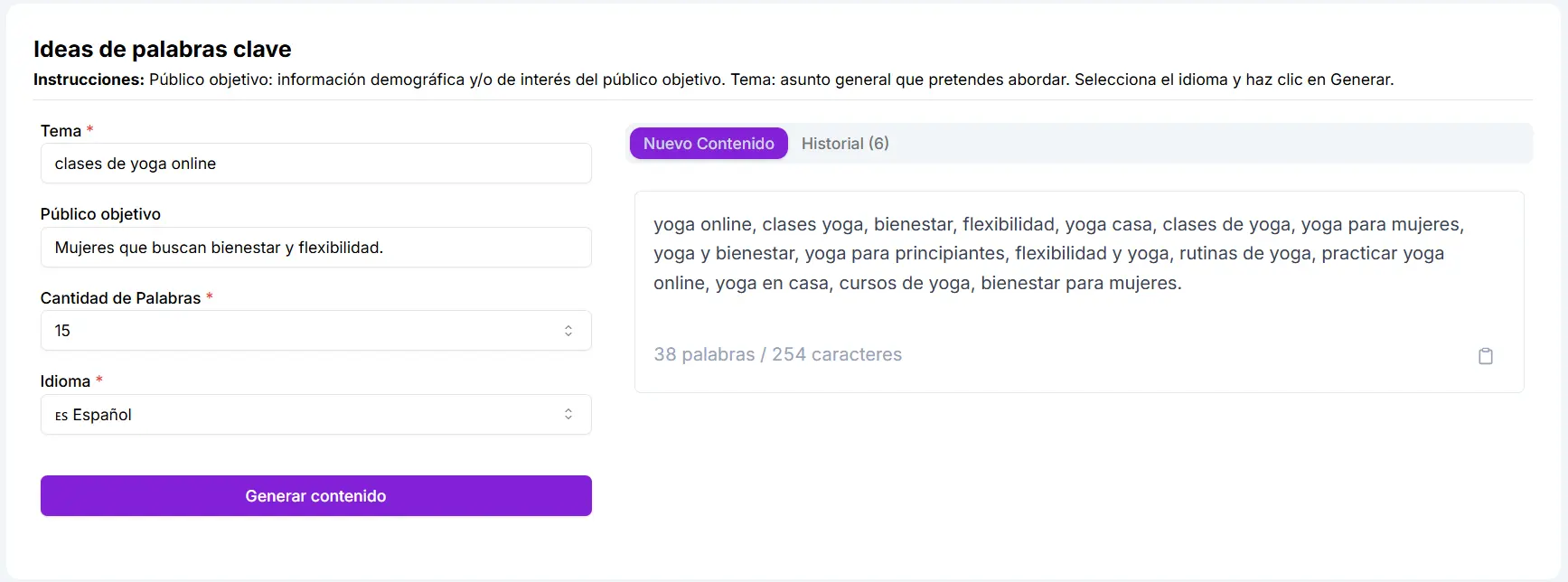 Ideas de palabras clave generadas por Niara