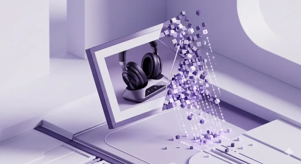 3D isometric illustration of a photo frame transforming into digital tokens and binary code, representing multimodal image SEO.