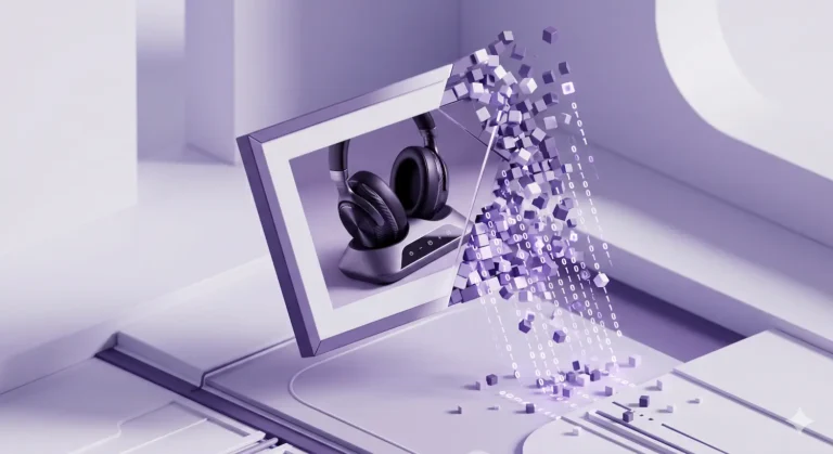 3D isometric illustration of a photo frame transforming into digital tokens and binary code, representing multimodal image SEO.