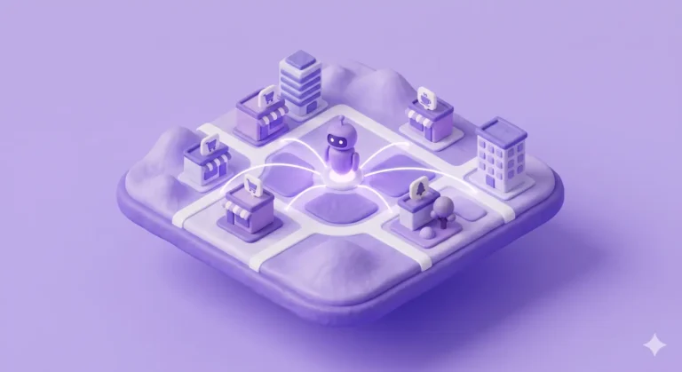 Mapa estilizado em 3D com um robô da Niara como pino de localização, ilustrando a estratégia de SEO local na era das IAs com conexões de dados inteligentes.