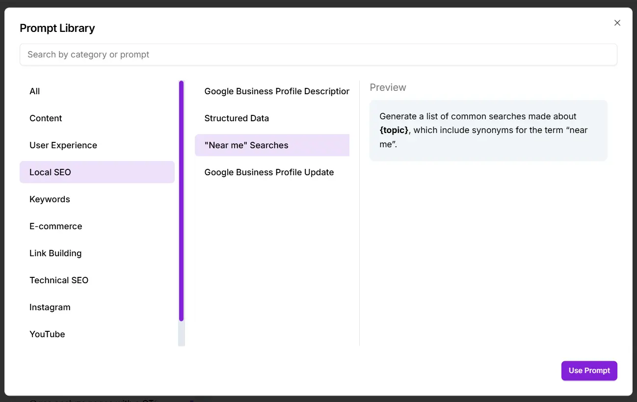Local SEO prompts on Niara's Prompt Library
