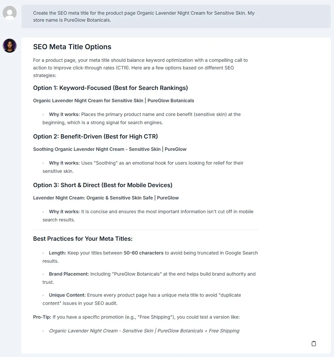 SEO title prompt for e-commerce product page