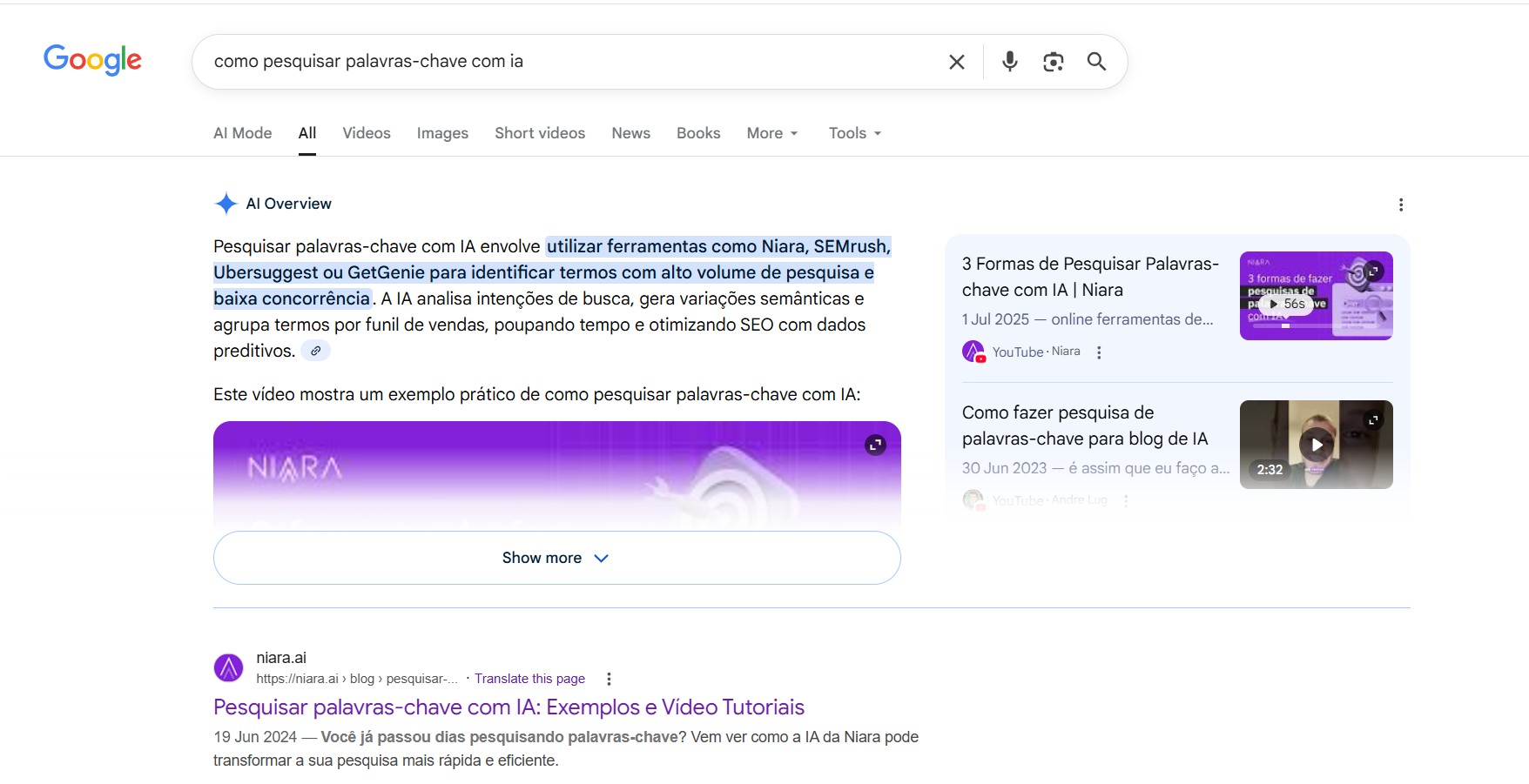 SERP result screenshot for "how to research keywords with AI" in Brazil, with Niara referenced in the AIO.