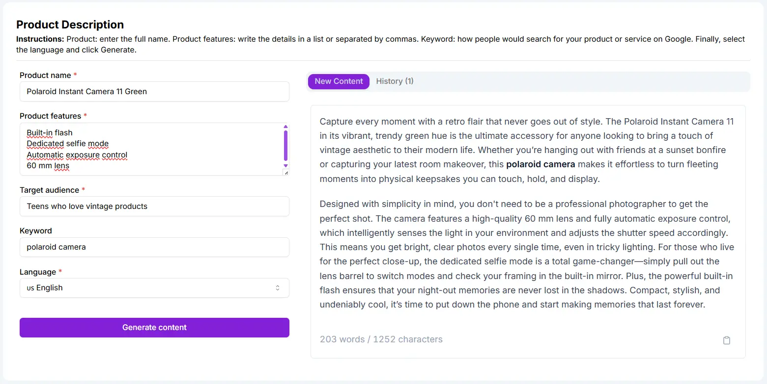 Product description generated by Niara