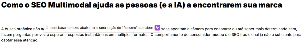 Exemplo de solicitação feita no Fluxo de Conteúdo para criação de Resumo.