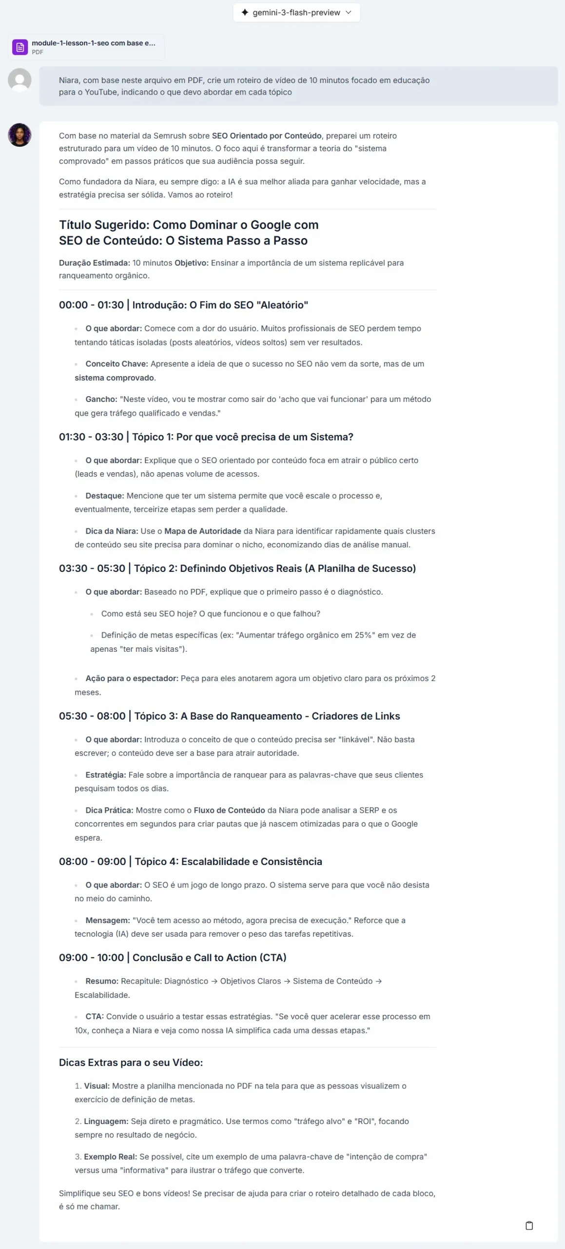 Exemplo de roteiro criado a partir de PDF no ChatSEO da Niara