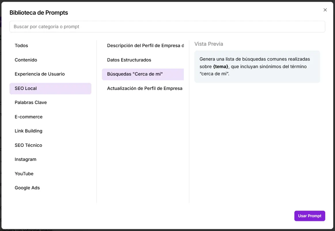Prompts de SEO local en la Biblioteca de Prompts de Niara
