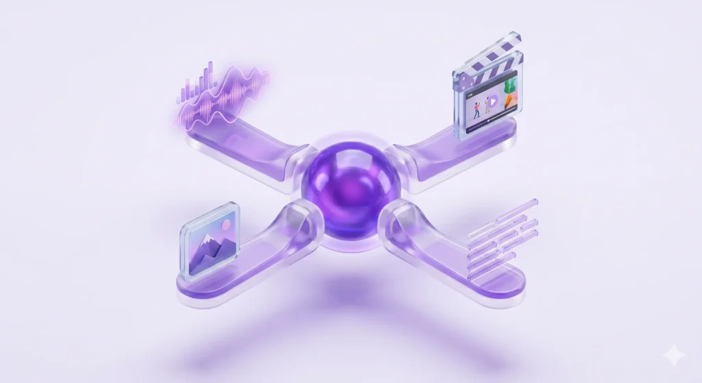 Ilustração representando o seo multimodal com íconres de vídeo, imagem, áudio e texto.