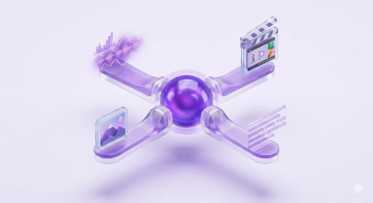 Ilustração representando o seo multimodal com íconres de vídeo, imagem, áudio e texto.