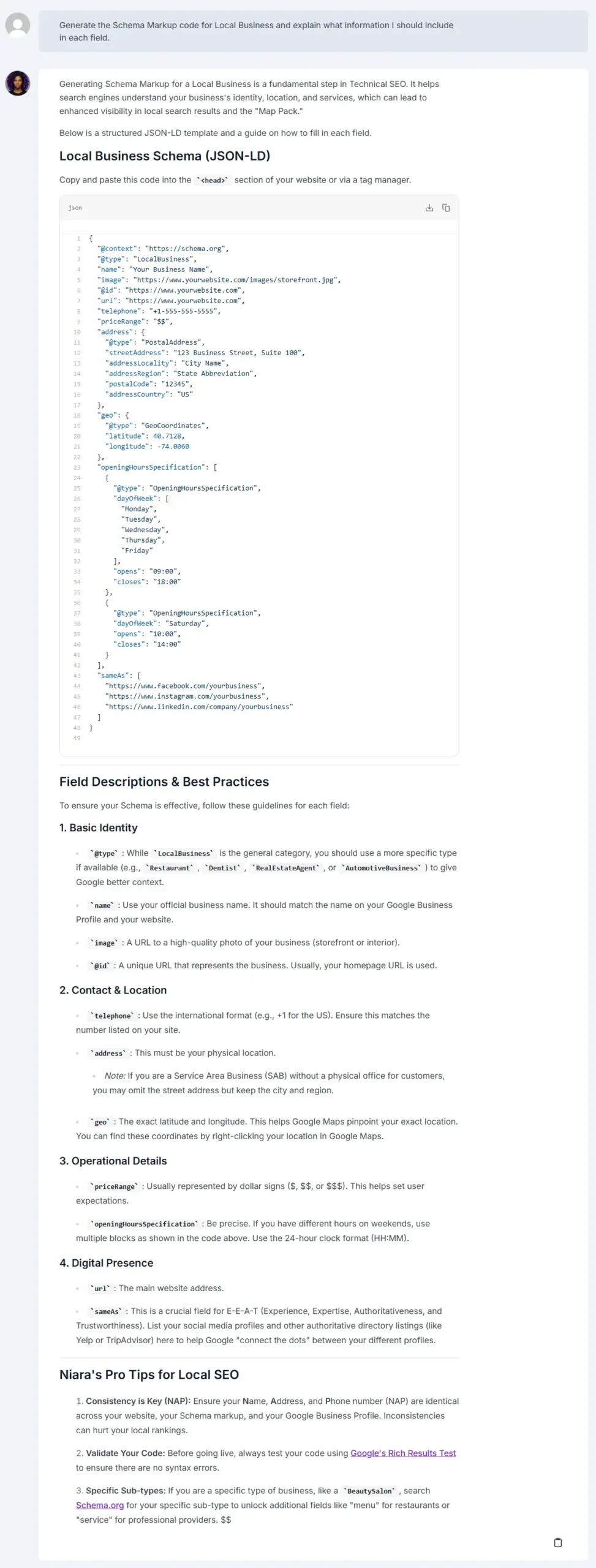 Structured data example created in ChatSEO
