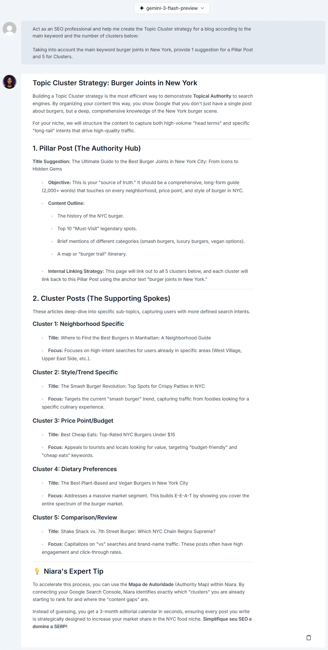 Pillar page and clusters suggestions generated by Niara