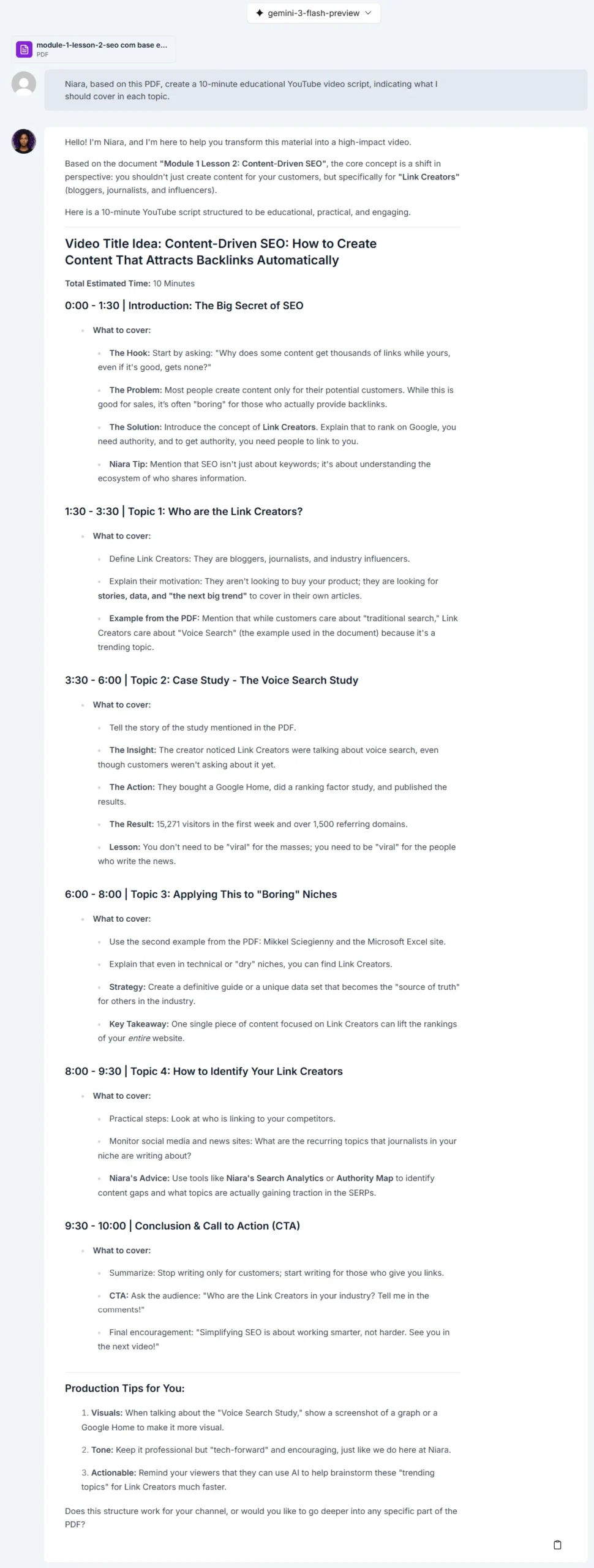 Example of video script made with Niara
