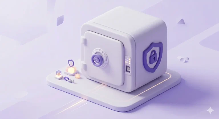 3D isometric view of a minimalist digital safe in purple and white claymorphism style with a closed door, representing secure AI data governance in SEO.