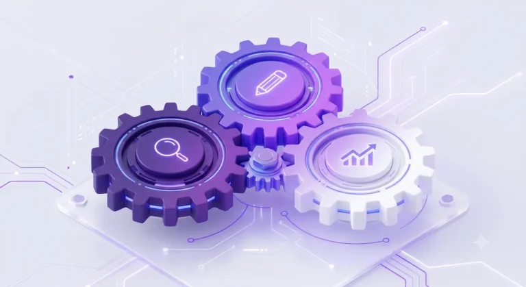3D isometric gears with SEO, content, and performance icons, illustrating how AI for marketing agencies synchronizes workflows.