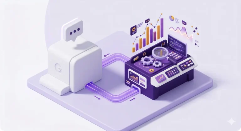 3D isometric composition showing a plain white block next to a specialized purple workbench with charts and gears, illustrating the difference between a general assistant and a dedicated AI SEO tool.