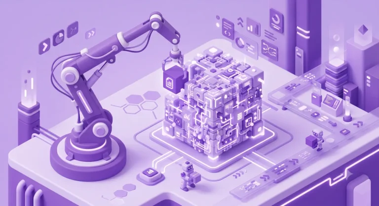3D isometric illustration of a robotic crane assembling a complex data cube, representing the build vs. buy dilemma in AI development.