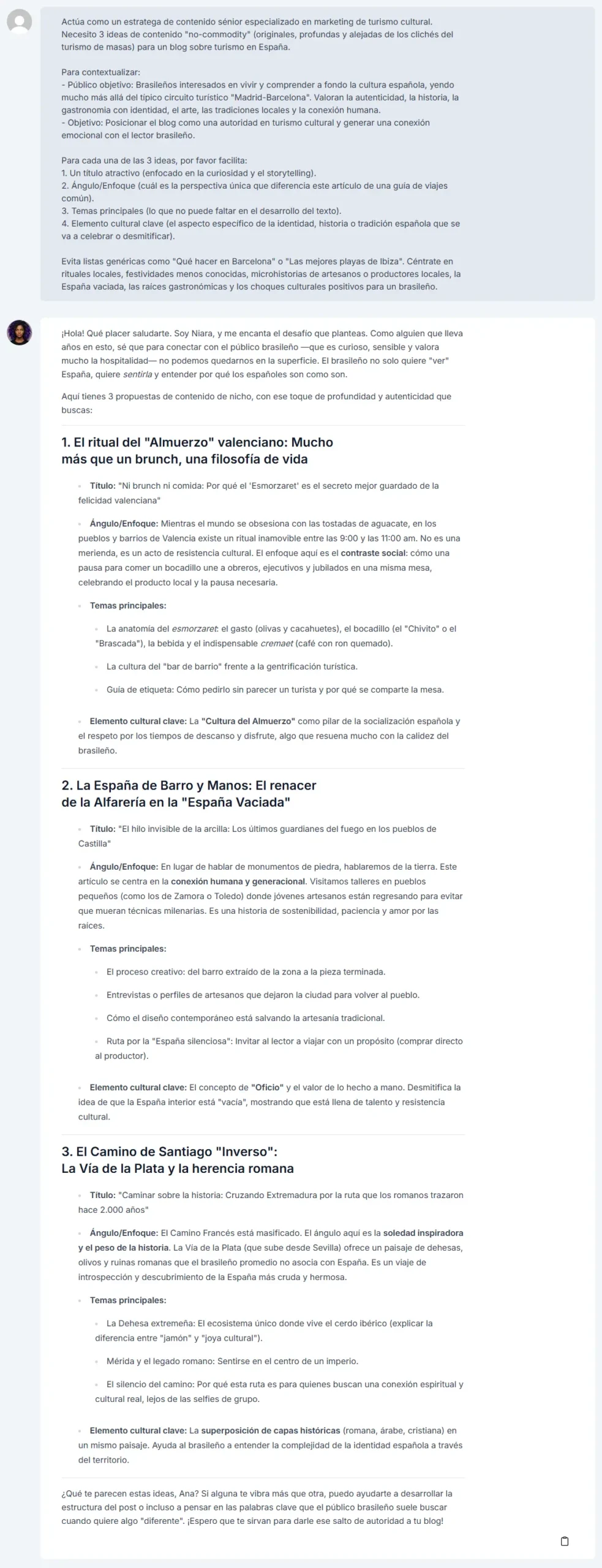 Ideas de contenido no comoditizado generadas por el ChatSEO de Niara