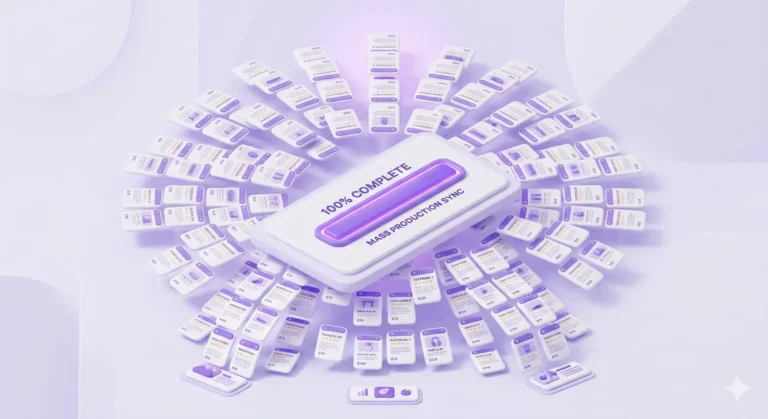 3D isometric dashboard with a 100% progress bar and organized text cards, showcasing high-speed AI bulk product description production.