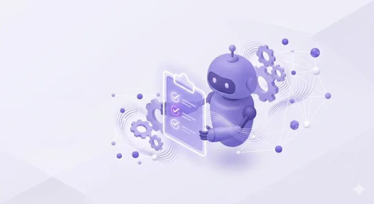 3D isometric illustration of a minimalist purple robot acting as an AI agent, holding a digital clipboard with checkmarks, surrounded by data spheres and stylized gears on a light purple background.