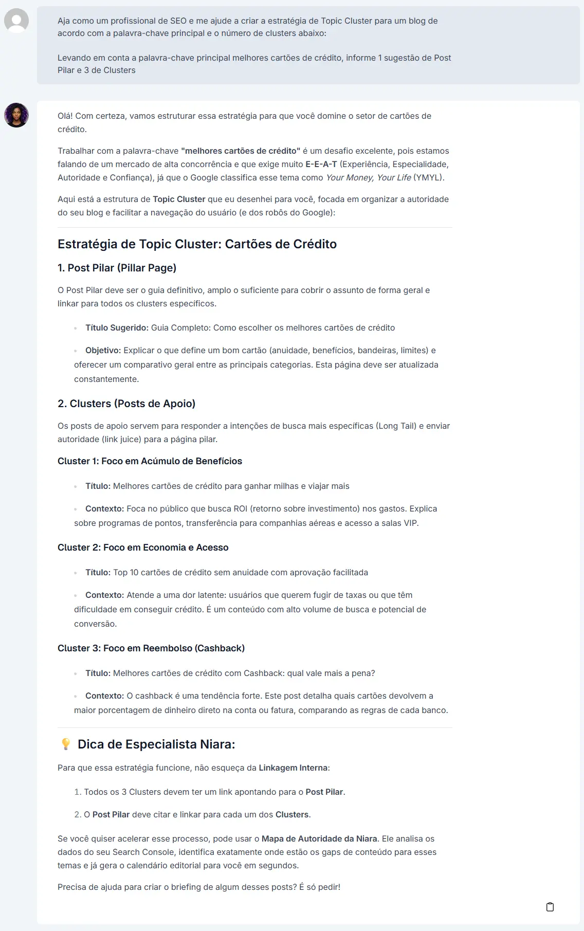 Ideia de topic cluster gerada pela Niara