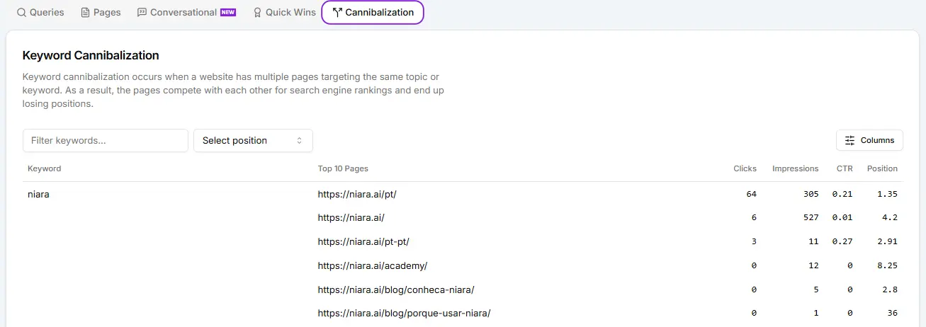 Keyword cannibalization section at Search Analytics