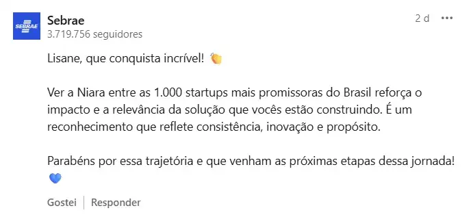 Comentário do Sebrae na publicação da Niara no LinkedIn