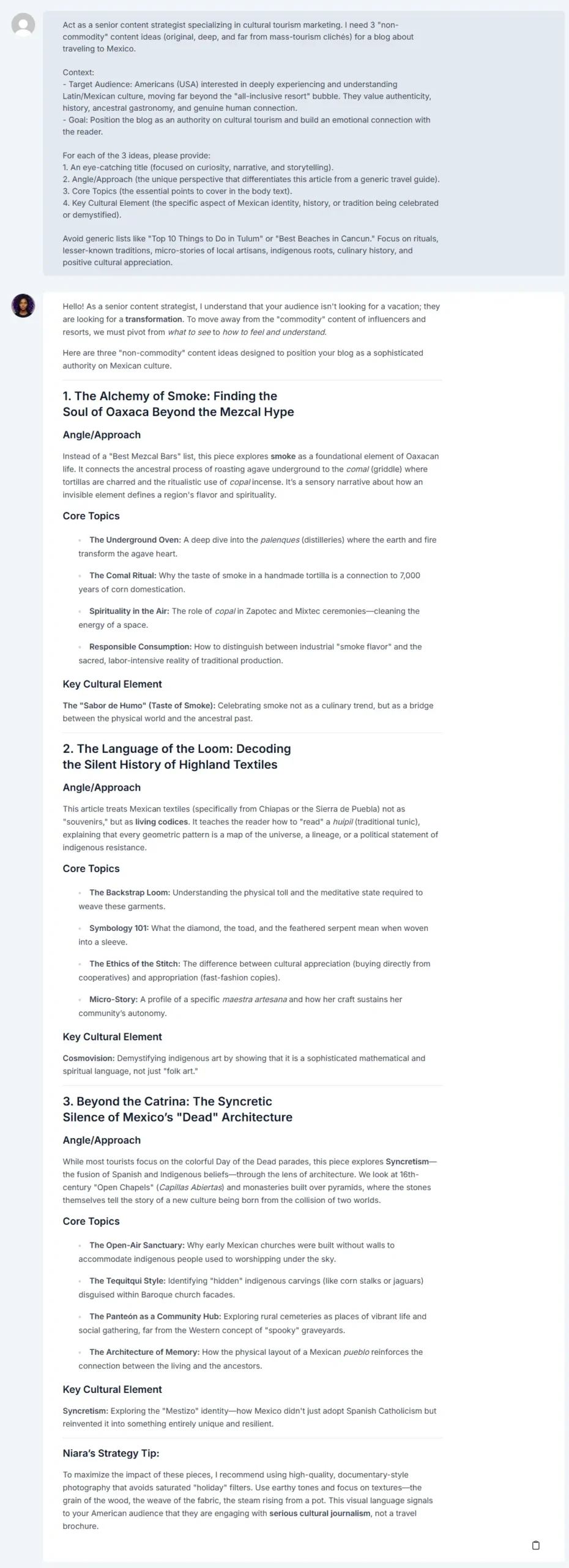 Non-commodity content ideas generated by Niara's ChatSEO