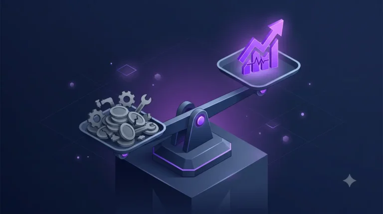 3D isometric illustration of a digital scale showing a growth icon outweighing coins, representing the strategy of scaling SEO while reducing SEO costs through AI efficiency.