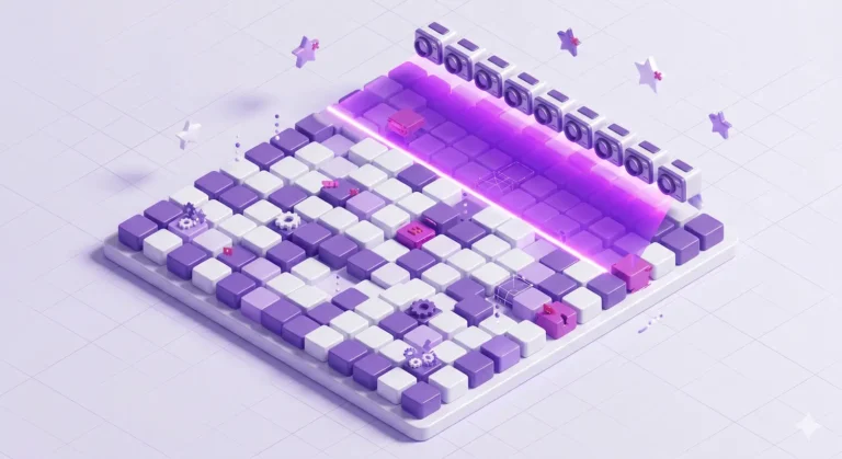 3D isometric illustration of a purple light scanner analyzing website data blocks for an SEO audit with AI.