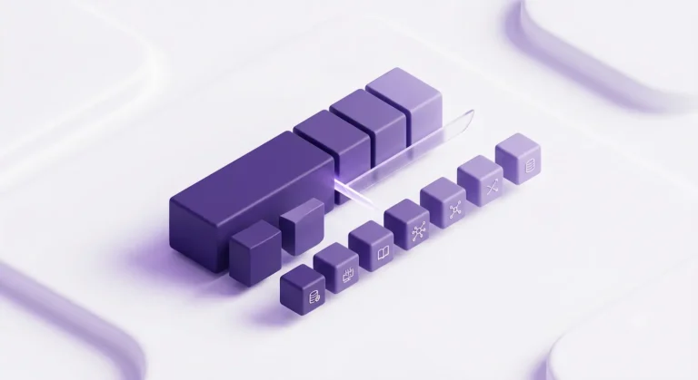 3D isometric illustration of a solid block being sliced into smaller cubes, representing the chunk process for RAG and AI data processing.