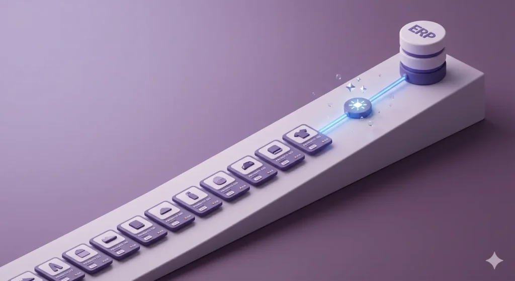 Isometric 3D illustration of SEO and ERP integration showing a database connected to an AI spark, generating a long, organized row of optimized product cards in purple.