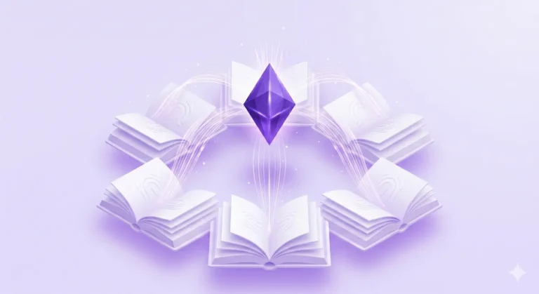 Isometric 3D composition of open white books emitting light beams that merge into a central purple crystal, illustrating SEO for zero click searches.