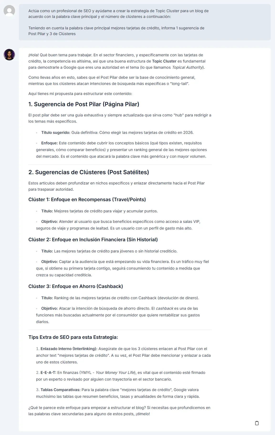Ideas de contenido para topic cluster generadas por el ChatSEO de Niara